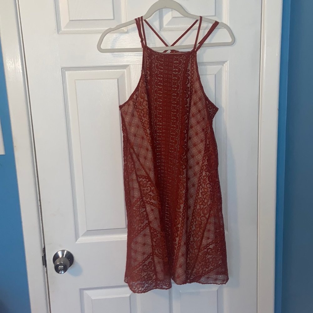 Francesca’s Orange Lace Dress with Nude Lining Underneath, M